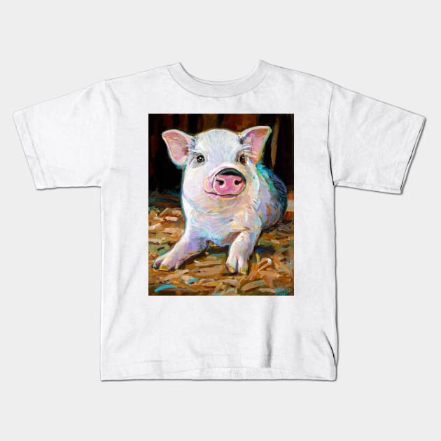 Cute Farm Pig in Barn Painting by Robert Phelps Kids T-Shirt by RobertPhelpsArt